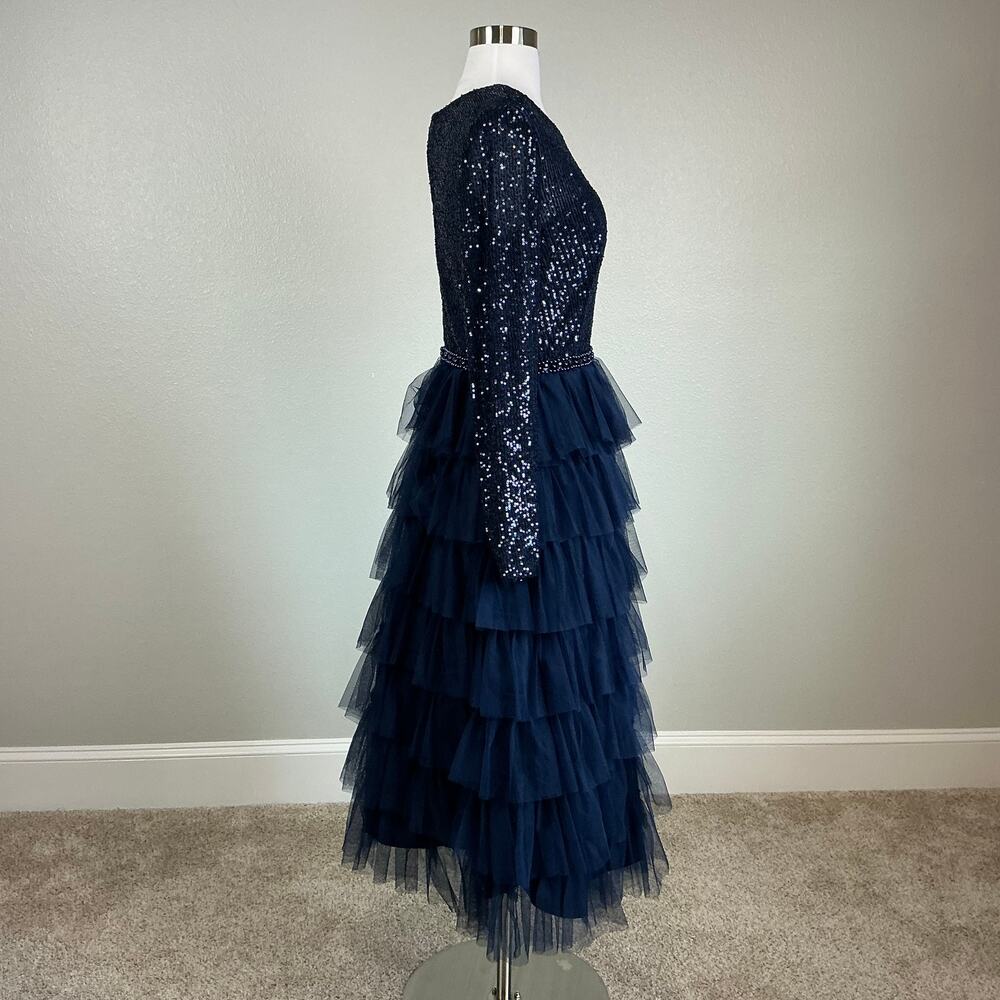Mac Duggal 26299 Blue Cocktail Dress Sequined Tulle Long Sleeve A-Line Size 14 - Picture 4 of 11